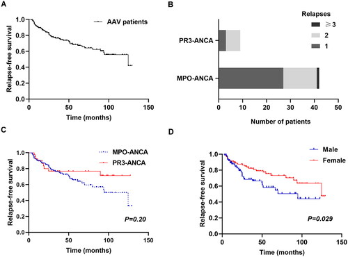 Figure 3. Relapse-free survival (A, C, D) and the number of relapses (B) in AAV patients in whom remission was achieved (Kaplan–Meier’s analysis).