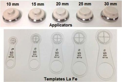 Figure 6 Esteya applicators of differing collimator diameters and the corresponding templates La Fe used to mark the outer diameter of each applicator.