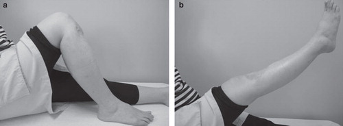 Figure 4. Clinical photo taken 3 years after the operation showed active knee flexion of 110 degrees (a). The patient is able to raise her leg with an extension lag of 5 degrees (b).