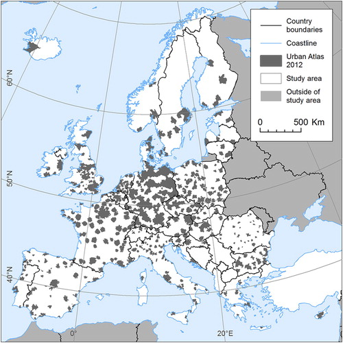 Figure 7. The study area (white) and the included larger urban zones covered by Urban Atlas data (dark grey).