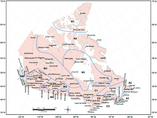 Fig. 1 Map of the study area including the locations of the selected stations and the wind gust regions over Canada.