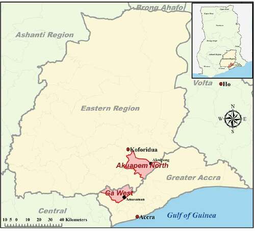 Figure 2. Map of Ghana showing location of Akuapem North and Ga West municipalities (Source: Authors’ construct)