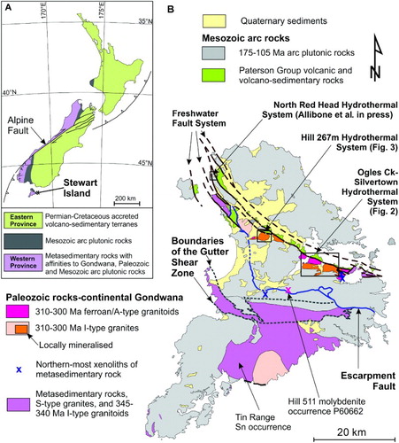 Figure 1. A, Stewart Island is underlain by Western Province Paleozoic rocks with affinities to continental Gondwana and Mesozoic arc plutonic rocks of the Median Batholith. B, Metalliferous hydrothermal systems described in this paper are located on the northern, outboard limit of Carboniferous plutonic rocks on Stewart Island, immediately south of the FFS.