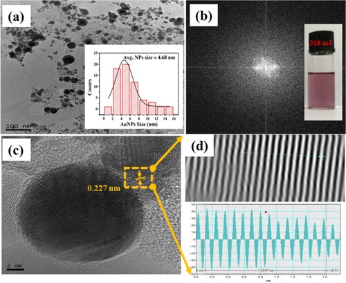 Figure 4 (a) TEM image of colloidal AuNPs produced in ethanol at LAE of 318 mJ (Inset: AuNPs size distribution), (b) FFT pattern of the marked part of single AuNP (Inset: colour appearance of the colloidal AuNPs in the bottle), (c) HRTEM image, and (d) SLFP of the selected NP.