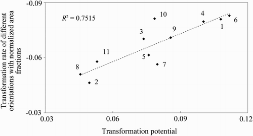 4 Transformation potential versus the experimental transformation rate of 11 randomly chosen austenite orientations in a TRIP steel under tensile loadingCitation19