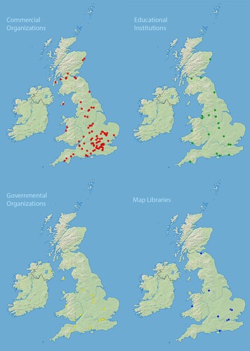 Figure 1. Locations of commercial organizations, educational institutions, governmental organizations and map libraries included in the UK National Report. Compiled using Natural Earth base data and QGIS.
