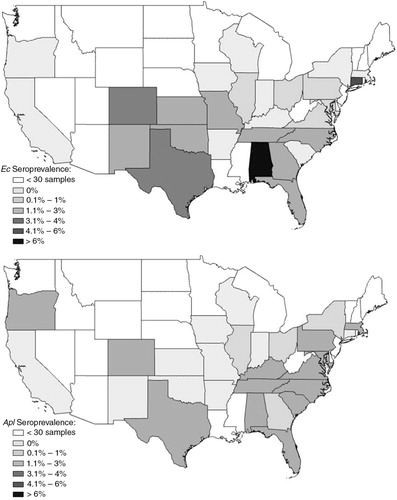 Fig. 2 Seroprevalence by state of Ehrlichia canis (Ec) or Anaplasma platys (Apl) in dogs suspected of canine vector-borne disease.