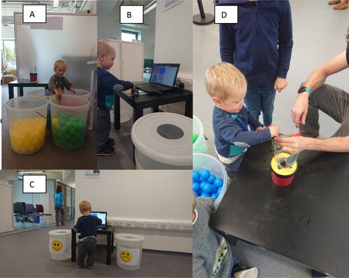 Figure 1. The steps of playing bacteria-tag, from collecting a ‘medicine’ when you are tagged by a ‘bacteria’ (A), to checking if the medicine works (B) and placing it in the appropriate container – smiley face if the medicine worked and sad face if it didn’t in which you try another medicine (C). The additional step in round 2 of using a detection system to select the medicine is illustrated in D.