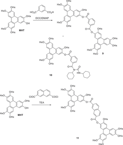 Scheme 2. The synthesis of triphenylene ester dyads and an example of the unwanted side products produced during DCC coupling (Hx = n-hexyl).