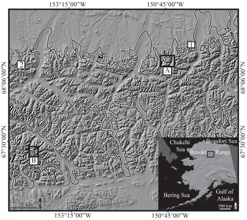 FIGURE 1. Shaded relief map of the central Brooks Range showing the (A) Erratic Creek and (B) Arrigetch Peaks study sites as well as the sites of previous work by Badding et al. (Citation2013) at (1) Triple East Glacier and (2) Kurupa Valley. The black line denotes the Last Glacial Maximum ice limit (CitationKaufman et al., 2011).