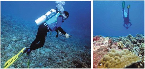 Figure 4. Collecting image data underwater with a stereo camera rig (left) and with a single camera (right) for the 3D measurement of coral growth