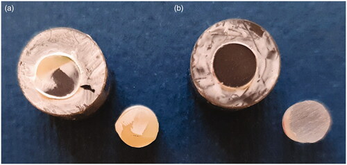 Figure 1. Representative images of adhesive and mixed fractures. (a) Mixed fracture for group T-Multi-MFH. (b) Adhesive fracture for group T-GCem-Telio. The cement remains only on the cementation surface of the titanium and has completely detached from Telio CAD. The white areas on the titanium surface is the thin layer of primer from the respective cement systems.