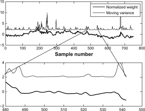 Figure 2 Local variation of weight signal provides a measure for quiet and active phases in maintaining posture.