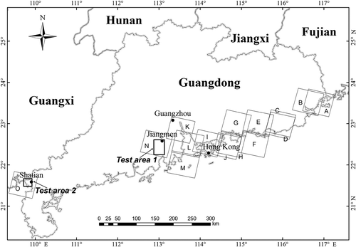 Figure 1. A map showing our study area. The parallelograms show footprints of the SPOT images used in this study. These images were acquired on (A) 3 December 2003, (B) 5 November 2004, (C) 10 October 2004, (D) 10 October 2004, (E) 16 October 2004, (F) 16 October 2004, (G) 15 October 2004, (H) 23 May 2004, (I) 11 December 2004, (J) 14 September 2004, (K) 1 January 2005, (L) 23 October 2003, (M) 23 October 2003, (N) 19 December 2006, (O) 9 October 2004.