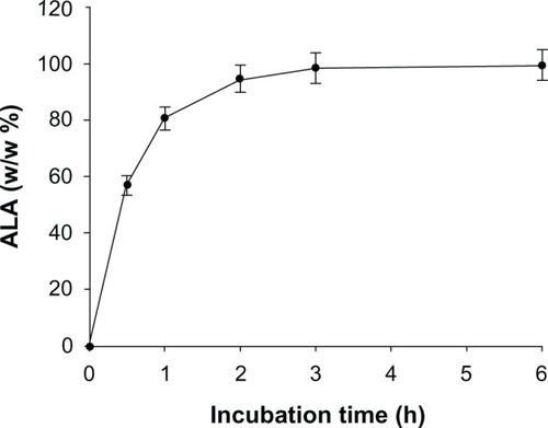 Figure 5 5-ALA release from PEG-Chito-5-ALA NP.Abbreviations: 5-ALA, 5-aminolevulinic acid; PEG-Chito-5-ALA NP, Polyethylene glycol-Chito-5-ALA nanoparticles.