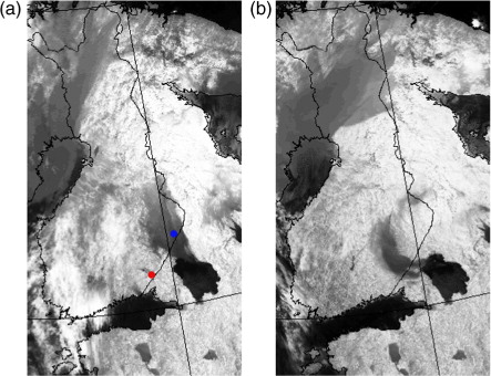 Fig. 3 NOAA AVHRR thermal IR images over Finland and Karelia on 28 January 06 UTC (a) and on 29 January 00 UTC (b) 2012. The low-level cloud cover, shown with dark-grey shades, spreads first northward (a) and later westward (b) from Lake Ladoga. In the single-channel images, the cloud over Lake Ladoga cannot be distinguished from the dark water surfaces. The stations Konnunsuo and Tohmajärvi, referred to in Fig. 2, are marked with red and blue dots, respectively.