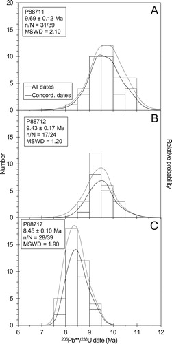 Figure 5. Frequency histogram–Gaussian-summation probability density function (PDF) plots of 206Pb**/238U zircon dates and error-weighted mean ages of tuffs analysed as part of this study. (A) Urenui Formation, Waiau Stream (P88717); (B) Mount Messenger Formation, Tongaporutu River (P88712); (C) Mount Messenger Formation, Mohakatino River (Awaawanui Stream; P88711). All 206Pb/238U dates have been corrected for both common Pb using 207Pb and initial 230Th disequilibrium (**); uncertainties are 2σ.