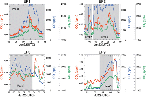 Fig. 8. Temporal variations of the 10-min mean CO2, CO and CH4 during the four selected CO enhancement episodes (EP1, EP2, EP3 and EP9). The variations of these gases during the shaded periods were associated with peatland fire emission from the study area, which was identified based on the CO2-normarized enhancement ratio for CO.