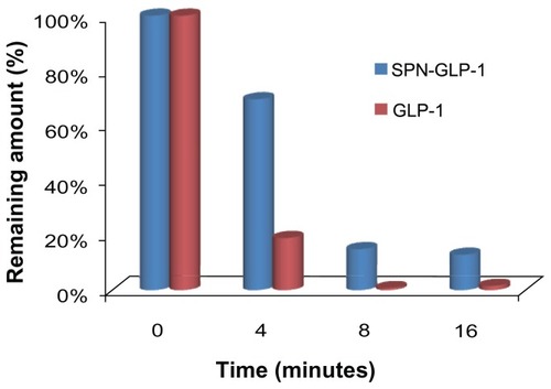 Figure 8 Stabilities of GLP-1 and SPN-GLP-1 against intestine enzymes.Notes: Degradation profiles of GLP-1 and SPN-GLP-1 were incubated with rat intestine fluid. Data are presented as means ± SD of three determinations.Abbreviations: GLP-1, glucagon-like peptide-1; SPN-GLP-1, silica-based pH-sensitive nanomatrix loaded with glucagon-like peptide-1; SD, standard deviation.