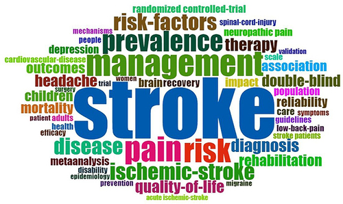 Figure 12 Most relevant keywords in post stroke pain research. The size of a keyword is determined by its frequency of occurrence in the entire dataset.