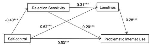 Figure 1 Schematic of chain mediation between rejection sensitivity and loneliness. ***p<0.001.