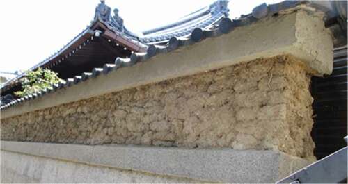 Figure 5. A 2017 sakan surface restoration of 100-year-old Kyoto temple perimeter wall reveals cob ball core.