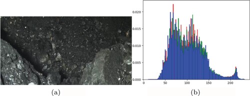 Figure 4. An example of coal image and its colour histogram distribution, in which the different colours of bins represent corresponding image channels. (a) Input and (b) histogram of the input.