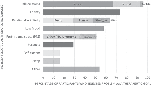 Figure 1. Problems selected as therapeutic targets by young people receiving CBTp as part of the MAPS trial. (Data drawn from 32 adolescents receiving CBTp with 6 trial therapists across 3 research sites).