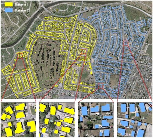 Figure 6. The experimental building outlines extracted from high-resolution remote sensing (RS) images using the trained Mask R-CNN model. The yellow and blue polygons denote datasets I and II, respectively.