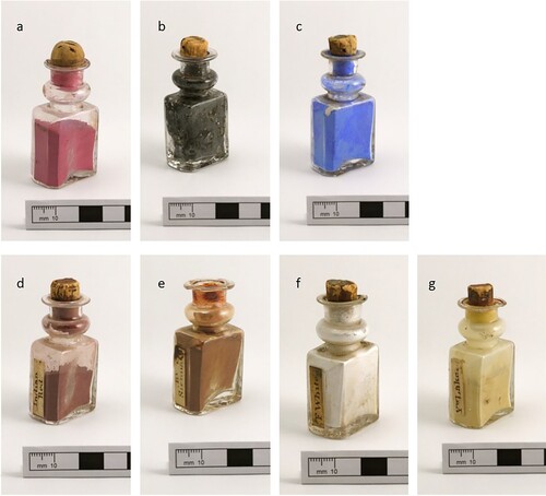 Figure 1. Pigments sampled in the study: (a) Unlabelled pink; (b) unlabelled black; (c) unlabelled blue; (d) bottle labelled as Indian Red; (e) Bt. Sienna; (f) F. White; and (g) Yw. Lake. Pigment images by Rhiannon Sinha.