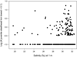 FIGURE 3. Log(x + 0.1)-transformed CPUE (fish/km towed) for juvenile steelhead presented in relation to the surface salinity (‰; at 1 m) measured at the sampling station. The station was considered to be (1) in surface plume waters when salinity at 1-m depth was less than 28‰ or (2) outside of plume waters when salinity was greater than 28‰.