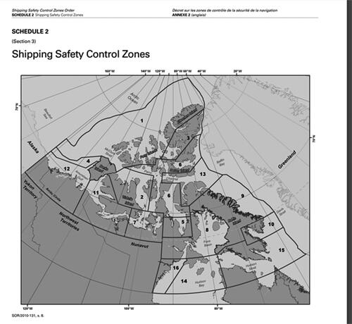 Figure 6. Shipping Safety Control Zones. Shipping Safety Control Zones Order (C.R.C., c. 356). The map reflects Canada’s functional jurisdiction in light of UNCLOS 234 regarding shipping safety control.