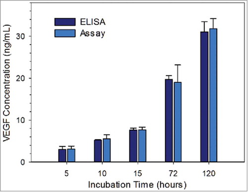 FIGURE 5. Measured VEGF concentration of cell secretome samples via ELISA and the competitive immuno-aggregation assay; the samples were collected at 5, 10, 15, 72, 120 hours. Student's t-test result (provided in the Supporting Information) showed no statistically significant difference between the corresponding VEGF protein concentrations.