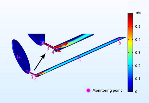 Figure 11. Variation in fluid velocity and positions of monitoring points.