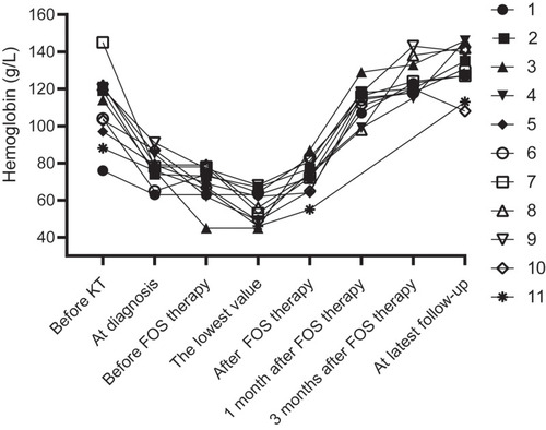 Figure 2 The change trend of hemoglobin in 11 patients treated with foscarnet therapy.