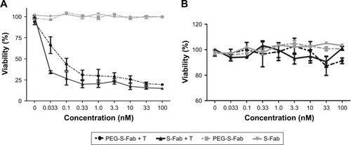 Figure 5 PEG-S-Fab has potent specific cytotoxicity against tumor cells.Notes: (A) Cytotoxic assay using CEA-positive LS174T cells. (B) Cytotoxic assay using CEA-negative SKOV3 cells. Cytotoxic assays were performed as described in the “Materials and methods” section. Different concentrations of S-Fab or PEG-S-Fab were incubated with tumor cells and effector T cells (E/T =10). All data are shown as the mean of triplicates, with error bars representing the SEM. LS174T, human colorectal cell line LS174T; SKOV3, human ovarian cancer cell line SKOV3.Abbreviations: CEA, carcinoembryonic antigen; PEG, polyethylene glycol; PEG-S-Fab, PEGylated S-Fab; PEG-S-Fab + T, PEG-S-Fab plus T cells; S-Fab, single-domain antibody-linked Fab; S-Fab + T, S-Fab plus T cells; SEM, standard error of the mean.