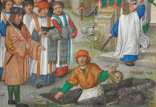 Figure 1. Inhumation amidst upturned charnel, ca. 1420. Hours of the Umfray Family.