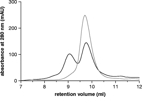 Figure 9.  Comparison of GPC results of XynI/rTLXI[H22A] (grey) and XynI/rTLXI (black). The UV absorbance at 280 nm (mAU) is given as a function of the retention volume (ml). For XynI/rTLXI, the first peak corresponds to the complex, whereas the second peak represents the excess of XynI. For XynI/rTLXI[H22A] only one peak was observed corresponding to free XynI and rTLXI[H22A], having the same apparent MM on GPC.