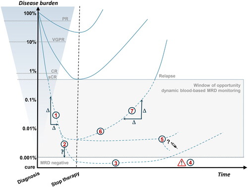 Figure 3. Schematic representation of therapeutic response evaluation. Visualization of the paradigm that deep responses are prognostic for longer survival. Current blood-based assays are not sensitive enough to monitor disease activity beyond sCR (dotted lines). The shaded box indicates the window of opportunity for more sensitive blood-based MRD monitoring with several potential clinical applications: (1) Therapy response kinetics as a potential prognostic marker; (2) Optimize timing of bone marrow sampling; (3) Diagnose sustained MRD-negativity; (4) Disease monitoring of patients with false-negative MRD results caused by extramedullary disease; (5) MRD-guided treatment decisions; (6) Early relapse detection; (7) Relapse kinetics as a potential prognostic marker. PR: partial response; VGPR: very good PR; CR: complete response; sCR: stringent complete response; MRD: minimal residual disease.