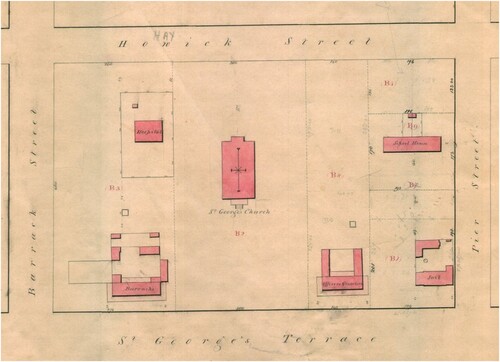 Figure 3. Plan showing Perth Lockup on the corner of Pier Street and St George's Terrace, 1851. Perth 18/6, AU WA S235 cons3868 item 322, SROWA.