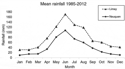 Figure 3. Mean monthly precipitation (mm) in the Limay (dashed line) and Neuquen (solid line) river basins.