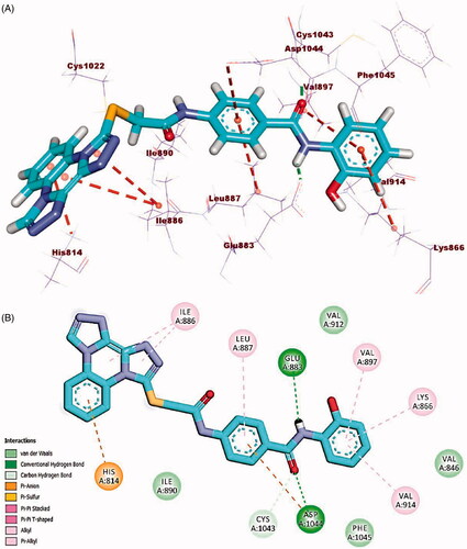 Figure 13. (A) 3D binding mode of compound 23 l into VEGFR-2. (B) 2D binding mode of compound 23 l into VEGFR-2.