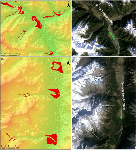 Figure 6. Marginal moraines of the Bodui Zangbo Valley (a) and Quzong Zangbo Valley (b) illustrated as mapped features on color-rendered DEM overlapped with a semi-transparent hillshade images (left) and in a Google Earth view (right). Their locations are shown in Figure 3.