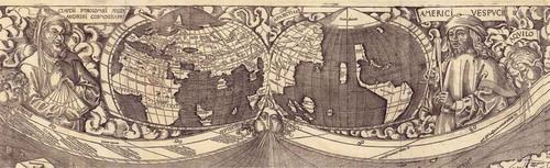 Figure 1. Detail of the 1507 Waldseemüller map with the witnesses of the Old World and the New World (Library of Congress Washington, Geography and Map Division)