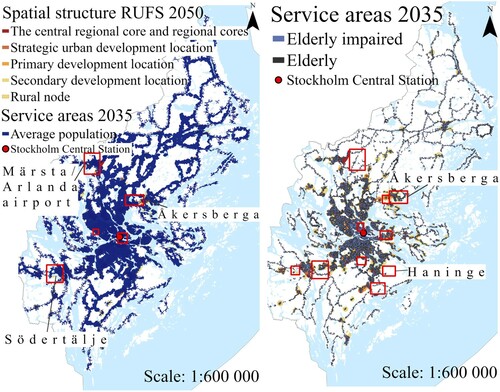 Figure 8. Network service area for the average population (left) and for population subgroups (right) as an overlay on the planned development areas. Areas in red rectangles are areas lacking access to public transport. For the elderly and elderly impaired, areas highlighted reflect problem areas that remain in the Euclidean service area