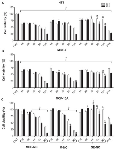 Figure 4 Effects of MSE-NC and control nanoformulation (M-NC and SE-NC) treatments of 24 hours and 48 hours on the viability of 4T1 (A), MCF-7 (B), and MCF-10A (C) cells.Notes: Data were normalized with control (untreated) cell viability (100%) and expressed as the percentage of the mean ± SEM of three independent experiments performed in triplicate. *Denotes statistical difference with respect to the control without treatment; adenotes the statistical difference with respect to the MSE-NC at the same concentration. P < 0.05. The values expressed are 1X − 25 μg/mL of selol and/or 1.25 × 109 particles/mL; 2X − 50 μg/mL of selol and/or 2.5 × 109 particles/mL; 4X − 100 μg/mL of selol and/or 5 × 109 particles/mL; 8X − 200 μg/mL of selol and/or 1 × 1010 particles/mL; 16X − 400 μg/mL of selol and/or 2 × 1010 particles/mL; PT − 40 μg/mL of Paclitaxel.Abbreviations: MSE-NC, selol-loaded magnetic nanocapsules; M-NC, unloaded magnetic nanocapsules; SE-NC, nonmagnetic nanocapsules of selol.