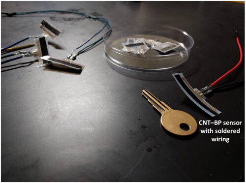 Figure 4. Final low-profile CNT-BP sensor design and size perspective using mailbox key. Sensors are 220 µm thick.