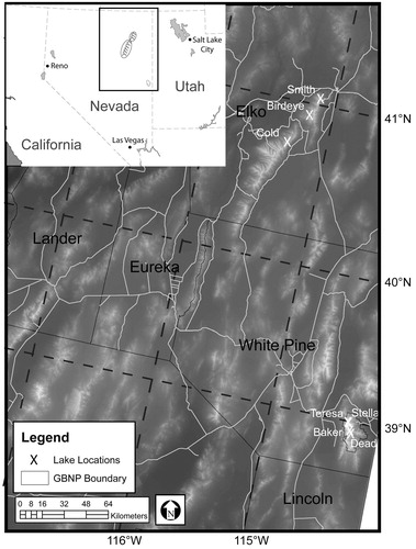 FIGURE 1. Location of study site lakes in the Great Basin of western United States (inset). The six lakes are located within the East Humboldt range, Ruby Mountains, and Great Basin National Park (boundary plotted on map). Nevada counties and major lakes are labeled for reference.