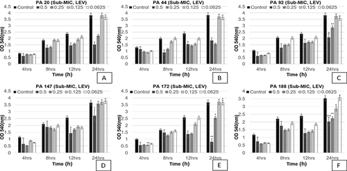 Figure 2 Shown are the effects of sub-minimal concentrations of levofloxacin on biofilms of six different isolates at four different time points (OD 540 nm). Bar graph shows reduction in biofilm formation up to 24 h of incubation as compared to the control samples. Each letter (A–F) represents a different P. aeruginosa isolate tested for levofloxacin. Error bars represent S.D. *p ≤ 0.05, **p ≤ 0.05, and ***p ≤ 0.005.