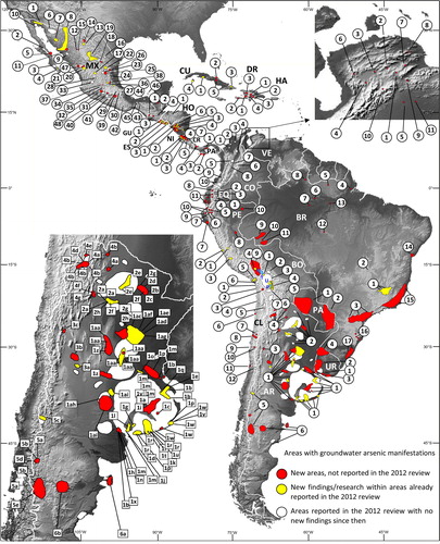Figure 1. Areas in Latin America’s 20 states affected by arsenic concentrations in groundwater at concentrations toxic for human consumption without previous treatment. Shown are areas that have already have been reported in Bundschuh et al. (Citation2012) (white) with new research in the same areas since then (yellow) and new groundwater arsenic areas not yet reported in this 2012 review (red). The digital elevation model is courtesy of NASA/JPL-Caltech (http://photojournal.jpl.nasa.gov). MEXICO (MX): Baja California St.: 1 Cerro Prieto geothermal area, 2 San Ignacio-Mulegé, Sierra Guadalupe, 3 Sierra El Mechudo, communities of San Juan de la Costa and Punta Coyote, 4 San Antonio-El Triunfo, 5 Bahía Concepción; Sonora St.: 6 Caborca, Magdalena, 7 Hermosillo, 8 Yaqui River watershed, 9 Etchojoa, 10 Colorado River delta, 11 Guadalupe Victoria, Tobarito; Chihuahua St.: 12 Santa Barbara mining area, 13 Meoqui, Delicias, Julimes, Camargo, Jimenes, 14 Tabaloapa, Aldama, Dolores, 15 Hidalgo del Parral; Nuevo León St.: 16 Monterrey; Zacatecas St.: 17 Zacatecas, 18 Concepción del Oro; Durango and Coahuila St.: 19 Comarca Lagunera; Durango St.: 20 Valle del Guadiana (Durango City and vicinity); Col. 5 de febrero, 21 Cerro de Mercado; San Luis Potosí St.: 22 Santa Ma. de la Paz, 23 Morales in San Luis Potosí city, 24 Río Verde, 25 Soledad de Graciano., 26 Matehuala; Hidalgo St.: 27 Zimapán; Aguascalientes St.: 28 Aguascalientes; Puebla St.: 29 Acoculco geothermal area, 30 Los Humeros geothermal area; Michoacán St.: 31 Los Azufres geothermal area, 32 Cuitzeo Lake; Jalisco St.: 33 Altos de Jalisco; Guanajuato St.: 34 Salamanca, 35 Acámbaro, 36 Independencia, 37 Juventino Rosas Municipality, 38 Aurora Mine Guanajuato; Morelos St.: 39 Huautla; Guerrero St.: 40 Taxco, 41 Tlamacazapa; Oaxaca St.: 42 Oaxaca; Tabasco St.: 43 Cactus-Sitio Grande, 44 Luna-Sen, 45 Jujo-Tecominoacán, 46 Pol-Chuc-Abkatún; Sinaloa St.: 47 Upper San Lorenzo River; Estado de México St.: 48 Ixtapan de la Sal and Tonatico. GUATEMALA (GU): 1 Marlin mine, 2 Petén Itzá Lake, 3 Joaquina geothermal field, 4 Chinautla and Mixco. EL SALVADOR (ES): 1 Coatepeque Lake, 2 Ilopango Lake, 3 Olomega Lake. For details and other areas affected see Figures 2 and 3. HONDURAS (HN): 1 Valle de Siria. NICARAGUA (NI): 1 Cerro Mina de Agua, 2 El Charco, Santa Rosa del Peñón, 3 Santa Cruz de la India, 4 Kinuma, 5 Zapote,6 Llano La Tejera, 7 Tipitapa geothermal area. For a detailed As distribution map in water sources see Figure 4. COSTA RICA (CR): 1 Rincón de la Vieja, 2 Miravalles, 3 Chocosuela-Platanar area, 4 NE Guanacaste, and Caño Negro, Gloria de Aguas Zarcas, Concepción in San Carlos in Alajuela Prov., 5 Cartago City, El Guarco, Turrialba volcano (Cartago Prov.). PANAMA (PA): 1 Petaquilla, Colón, 2 Azuero Peninsula, 3 Damas Bay, Coiba Island, 4 Bocas de Toro Archipelago. VENEZUELA (VE) : Lara St.: 1 Las Cuibas, Montañita and Cabudare, Palavecino Municipality, 2 Barquisimeto and Río Turbio, Iribarren Municipality, 3 Tunal Quíbor, rural zone and Caujaral, Jiménez Municipality, 4 Guarico, Río Tocuyo and Tocuyo, Moran Municipality, 6 Torres Municipality, 9 Sarare, Simón Planas Municipality, 11 Sanare, Andrés Eloy Blanco Municipality; Yaracuy St.: 7 Las Velas Yaritagua. Peña Municipality, 8 Aroa, Bolívar Municipality; Portuguesa St: 5 Guanare, Guanare Municipality, 10 Papelón, Papelón Municipality. Colombia (CO): 1 Córdoba Dep., 2 Sucre Dep., 3 Bolivar Dep., 4 Santander Dep., 5 Antioquia Dep., 6 Cundinamarca Dep., 7 Caldas Dep., 8 Marmato mining district (Caldas Dep.), 9 Valle de Cauca Dep., 10 El Diamante gold mine (Nariño Dep.). Ecuador (EQ): 1 Tambo River and Papallacta Lake area (Quijos County, Napo Prov.), 2 Guayllabamba, 3 Tumbaco, 4 Geothermal waters from El Carchi, Imbabura, Pichincha, Cotopaxi, and Tungurahua Prov., 5 Yacuambi River, 6 The gold artisanal mining areas of Nambija, Portovelo-Zaruma, and Ponce Enriquez, 7 Calera and Q. Calixto, 8 Intag forest region, 9 Puyango River (Calera and Amarillo rivers which are two of the tributaries of the Puyango River), 10 Portovelo (87 gold processing centers located along the Puyango-Tumbes River), 11 Provinces of Guayas and Los Ríos, and from national supermarkets in the cities of Quito, Daule, Milagros, and Babahoyo. PERU (PE): 1 Morococha mining region/La Oroya smelting complex (Yauli Prov, Junin Dep.), 2 Rímac River basin, 3 Huaytará prov. (Huancavélica Dep.), 4 Puno (Puno Dep.), 5 Locumba valley (Tacna Dep.; Ilo City water supply), 6 Tacna area (Sama Quebrada de la Yarada, localities: Amopaya, Sama, Inclán; Tacna Dep.), 7 Mórrope Municipality (Lambayeque Dep.), 8 Pucallpa (Ucayali Dep.), 9 Altiplano-Puna, 10 Iquitos (Loreto Dep.). BOLIVIA (BO): 1 Lower Katari basin, Cohana Bay, Titicaca Lake (T), 2 El Alto (La Paz), 3 Titicaca-Desaguadero-Poopó-Salt pans (TDPS) basin: T: Titicaca, U: Uru and Poopó lakes, 4 Poopó basin, 5 Upper Pilcomayo River basin, 6 North of Potosí Dep., 7 Lipéz and south of Potosí Dep. CHILE (CL): 1 Chinchorro, Arica and Parinacota region, 2 Esquiña, Illpata, Camarones, Arica y Parinacota Region, 3 Puchuldiza geothermal field, Tarapacá Region, 4 Loa River basin, Chiu Chiu, Holjar and Toconce rivers, 5 El Tatio Geysers, 6 Antofagasta port, 7 Portreillo smelters, 8 Copiapó River valley, Atacama Region, 9 Valle del Elqui, El Indio, 10 El Indio, Coquimbo Region, 11 Ventanas industrial complex, 12 Maipo River basin. ARGENTINA (AR): Principal regions: 1 Pampean plain, 2 Chaco plain, 3 Cuyo, 4 NW region and Puna, 5 Patagonian Andes, 6 Patagonia. Subregions: The subregions of 1-6 are listed in Table SM 4). URUGUAY (UR): 1 Raigon aquifer, 2 Mercedes aquifer, 3 Chuy aquifer, 4 Guarani aquifer PARAGUAY (PA): 1 Yenda-Toba-Tarijeño, 2 Guarani aquifer BRAZIL (BR): Minas Gerais St.: 1 Iron Quadrangle” region (Nova Lima Dist., Santa Bárbara Dist., Ouro Preto/Mariana Dist., 2 Paracatu; São Paulo and Paraná St.: 3 Ribeira Valley region (Adrianópolis, Apiaí, Eldorado); Amapá St.: 4 Santana Dist., 5 Laranjal do Jari; Amazonas St.: 6 Anori, 7 Aruanã farm, Itacoatiara; Roraima St.: 8 Caracaraí; Acre St.: 9 Sena Madureira, 10 Rio Branco, 11 Xapuri; Mato Grosso St.: 12 Itaúba; Pará St.: 13 Santarem; Bahia St.: 14 Baía de Todos os Santos; Espirito Santo and Rio de Jaineiro St.: 15 Brazilian coast; Santa Catarina St.: 16 Coal mining areas (Lauro Müller, Treviso, Sideropólis, Criciúma); Rio Grande do Sul St.: 17 Patos Lagoon estuary. DOMIMICAN REPUBLIC (DR): 1 Pueblo Viejo mining area, 2 Falcondo mining area, 3 Cerro de Maimón deposits, 4 La Duquesa landfill. HAITI (HA): The Plaine du Cul-de-Zac aquifer, 2 The Etang Saumâtre Lake, 3 Trou du Nord River and Village of Fleury, Caracol Commune. CUBA (CU): 1 Cienfuegos Bay, 2 Sagua la Grande River, northern Villa Clara Province, 3 Moa Bay, 4 Delita gold deposits, Juventud Island, 5 San Fernando mine.